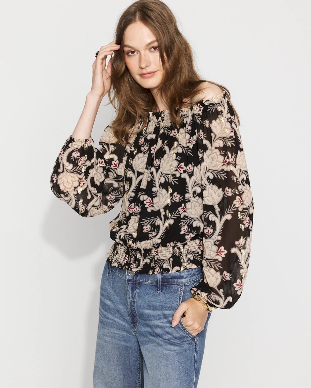 Off-the-Shoulder Floral Jacquard Blouse | White House Black
